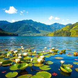 A serene and picturesque view of a tranquil lake surrounded by lush greenery under a bright blue sky