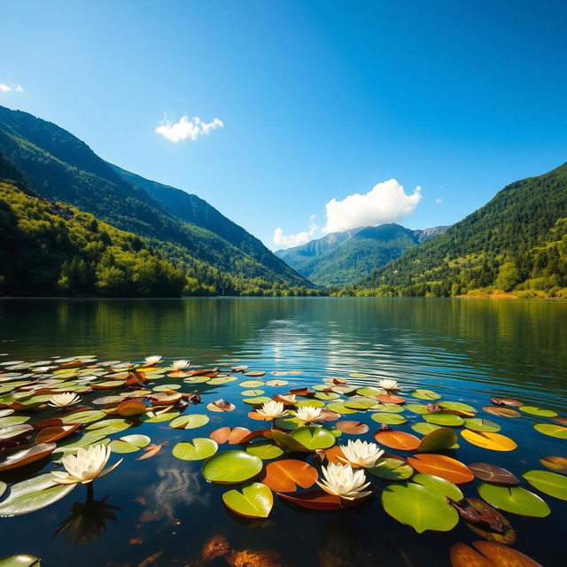 A serene and picturesque view of a tranquil lake surrounded by lush greenery under a bright blue sky