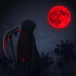 The Grim Reaper with his back to the viewer, gazing at a haunting blood moon in the dark night sky