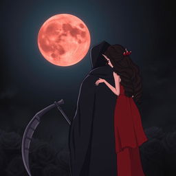 The Grim Reaper with his back to the viewer, gazing at a haunting blood moon in the dark night sky