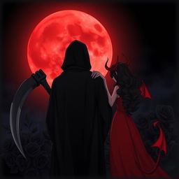 The Grim Reaper with his back to the viewer, gazing at a haunting blood moon in the dark night sky