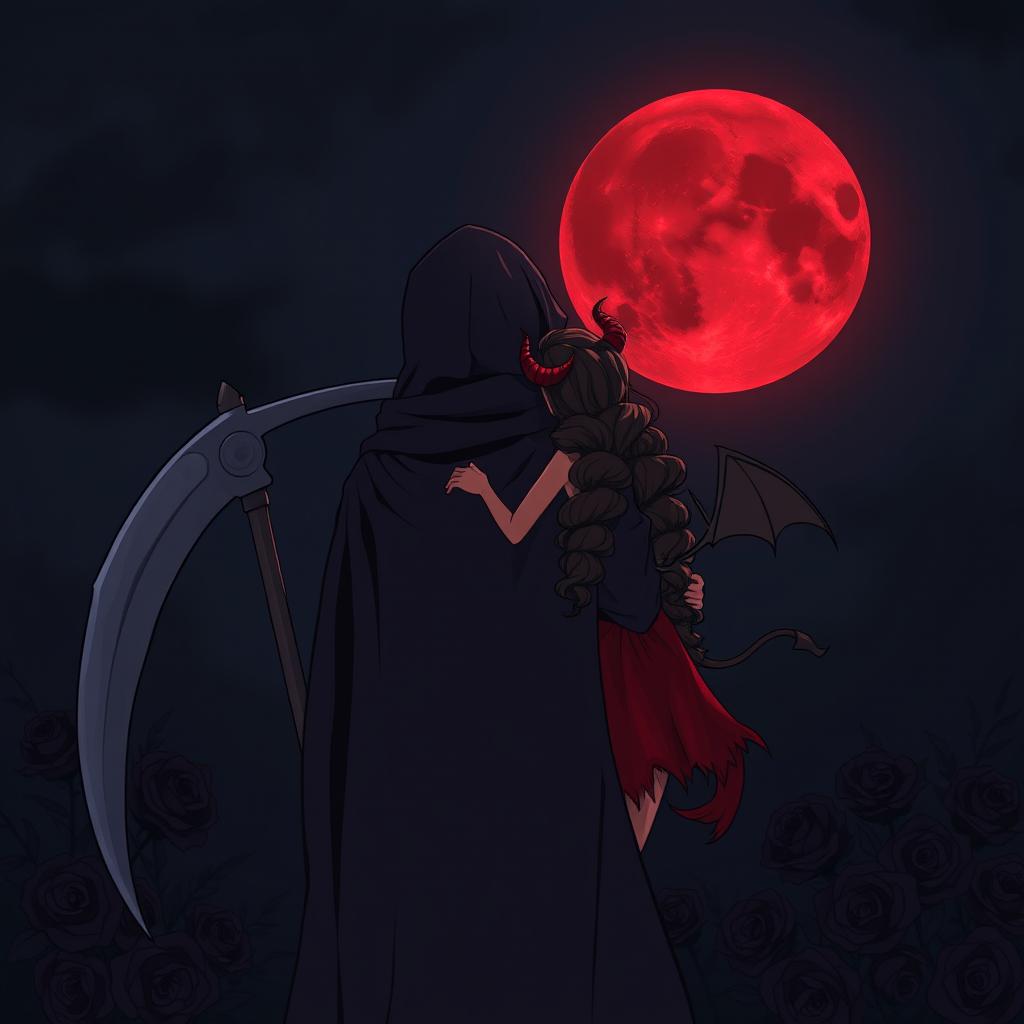 The Grim Reaper with his back to the viewer, gazing at a haunting blood moon in the dark night sky