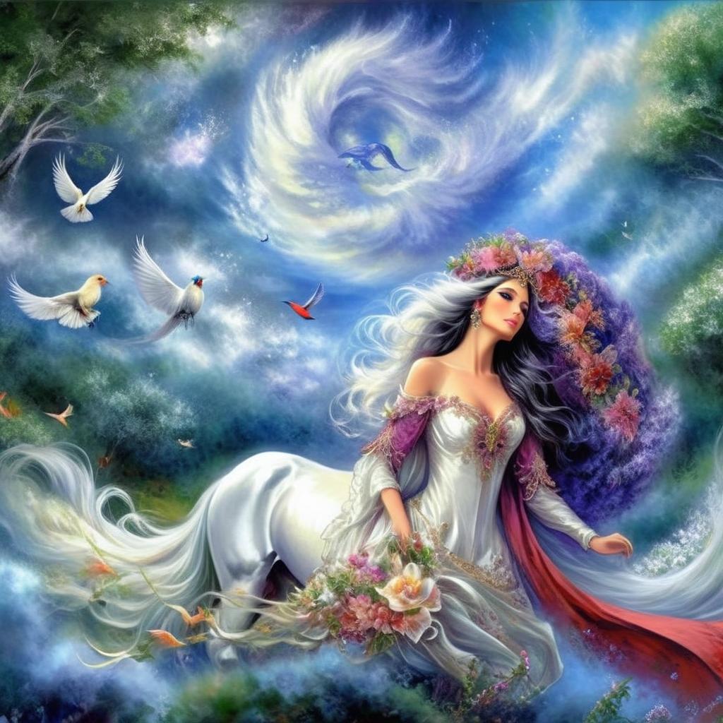 Blue sky with wavy white clouds, a royal horse with a long, beautiful, white wav