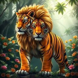 A majestic hybrid creature, a mix between a lion and a tiger, showcases the strength of both animals
