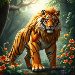 A majestic hybrid creature, a mix between a lion and a tiger, showcases the strength of both animals