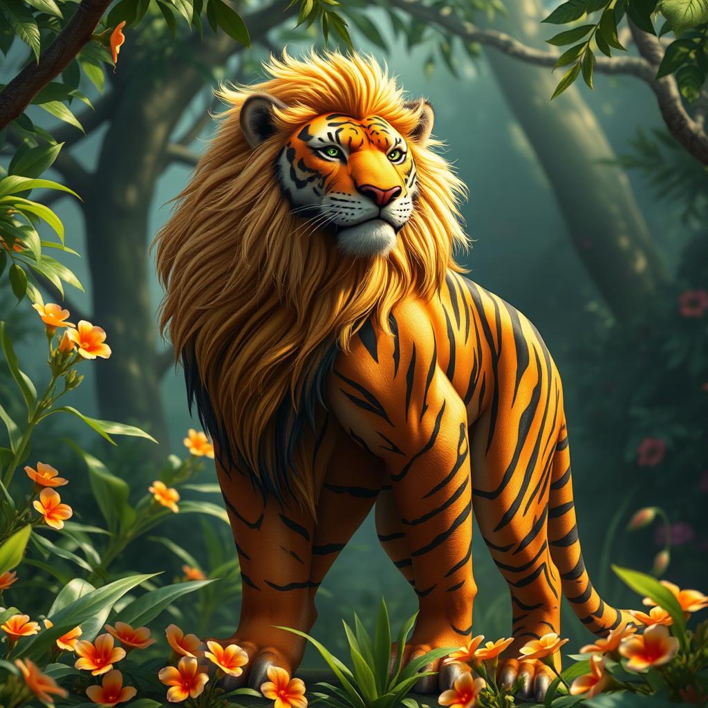 A majestic hybrid creature, a mix between a lion and a tiger, showcases the strength of both animals