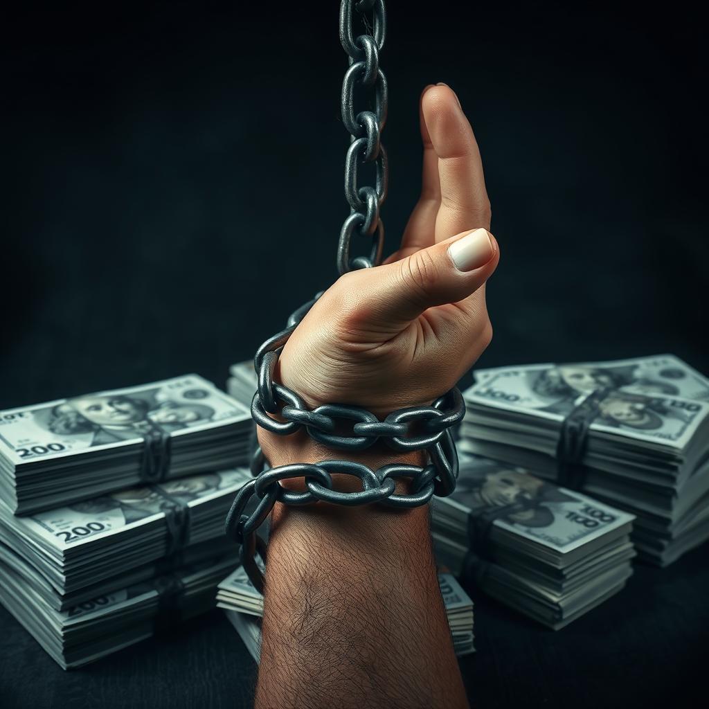 An evocative image of a person's hand being restrained by heavy chains that are tightening around stacks of English banknotes, symbolizing the entrapment of debt and financial struggles