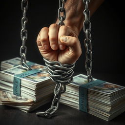 An evocative image of a person's hand being restrained by heavy chains that are tightening around stacks of English banknotes, symbolizing the entrapment of debt and financial struggles