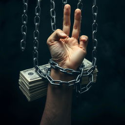 An evocative image of a person's hand being restrained by heavy chains that are tightening around stacks of English banknotes, symbolizing the entrapment of debt and financial struggles