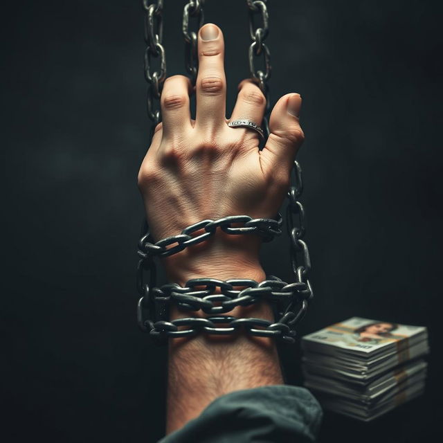 An evocative image of a person's hand being restrained by heavy chains that are tightening around stacks of English banknotes, symbolizing the entrapment of debt and financial struggles