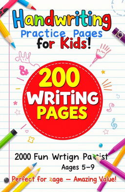 A colorful and attractive book cover design for a children's handwriting practice book, featuring a background of light ruled notebook paper