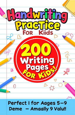 A colorful and attractive book cover design for a children's handwriting practice book, featuring a background of light ruled notebook paper