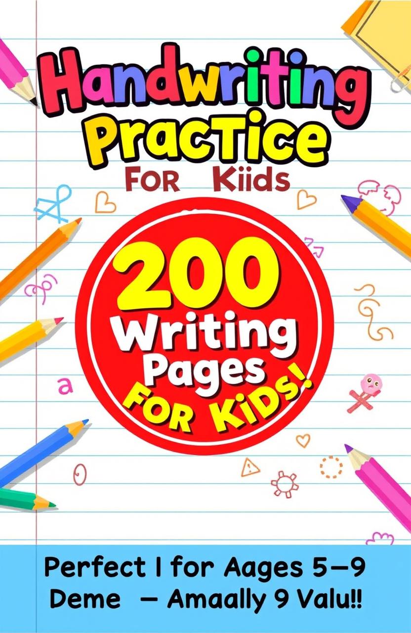 A colorful and attractive book cover design for a children's handwriting practice book, featuring a background of light ruled notebook paper