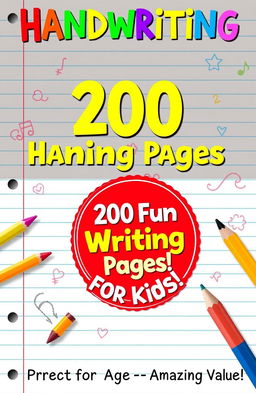 A colorful and attractive book cover design for a children's handwriting practice book, featuring a background of light ruled notebook paper