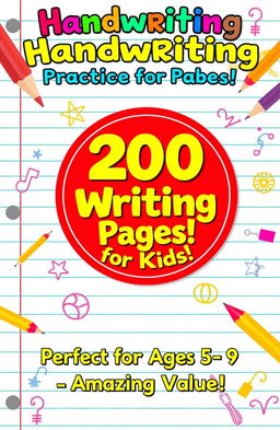 A colorful and attractive book cover design for a children's handwriting practice book, featuring a background of light ruled notebook paper
