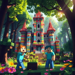 A vibrant, pixelated Minecraft scene set inside a lush forest, featuring the blocky characters Steve and Alex