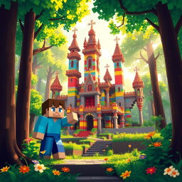 A vibrant, pixelated Minecraft scene set inside a lush forest, featuring the blocky characters Steve and Alex