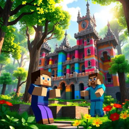 A vibrant, pixelated Minecraft scene set inside a lush forest, featuring the blocky characters Steve and Alex
