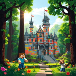 A vibrant, pixelated Minecraft scene set inside a lush forest, featuring the blocky characters Steve and Alex