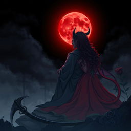 The Grim Reaper seated with his back facing the viewer, gazing at a captivating blood moon illuminating the dark night sky