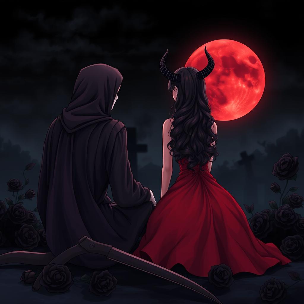 The Grim Reaper seated with his back facing the viewer, gazing at a captivating blood moon illuminating the dark night sky