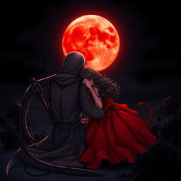 The Grim Reaper seated with his back facing the viewer, gazing at a captivating blood moon illuminating the dark night sky