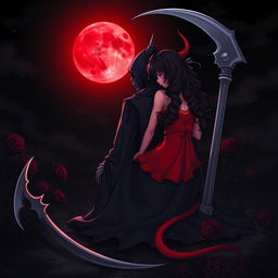 The Grim Reaper seated with his back facing the viewer, gazing at a captivating blood moon illuminating the dark night sky