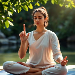 A serene yoga scene depicting a person practicing the Finger Yog Mudra (Buddhi Mudra), with their right hand forming the gesture with the thumb and index finger touching, while the other fingers are extended