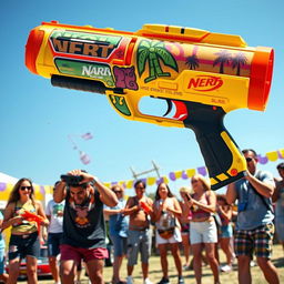 A vibrant and dynamic scene featuring a high-powered Nerf blaster inspired by a quirky, whimsical design that embodies Snoop Dogg's laid-back and iconic style