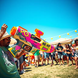 A vibrant and dynamic scene featuring a high-powered Nerf blaster inspired by a quirky, whimsical design that embodies Snoop Dogg's laid-back and iconic style