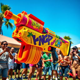 A vibrant and dynamic scene featuring a high-powered Nerf blaster inspired by a quirky, whimsical design that embodies Snoop Dogg's laid-back and iconic style