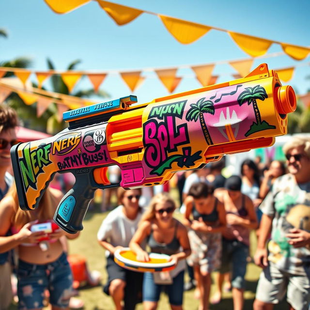 A vibrant and dynamic scene featuring a high-powered Nerf blaster inspired by a quirky, whimsical design that embodies Snoop Dogg's laid-back and iconic style