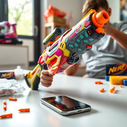 A futuristic Nerf blaster designed for heart-powered functionality, featured as a vibrant, colorful design with intricate patterns