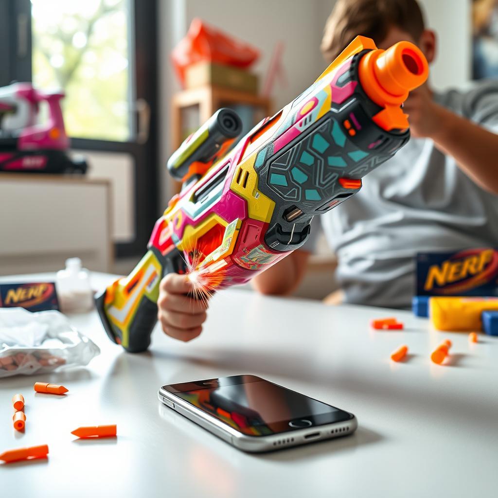 A futuristic Nerf blaster designed for heart-powered functionality, featured as a vibrant, colorful design with intricate patterns