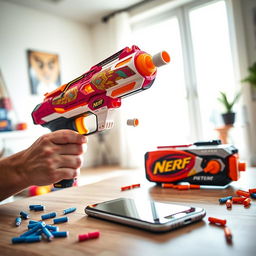 A futuristic Nerf blaster designed for heart-powered functionality, featured as a vibrant, colorful design with intricate patterns