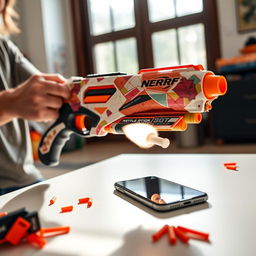 A futuristic Nerf blaster designed for heart-powered functionality, featured as a vibrant, colorful design with intricate patterns