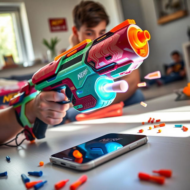 A futuristic Nerf blaster designed for heart-powered functionality, featured as a vibrant, colorful design with intricate patterns