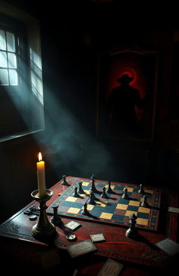 A thrilling, suspenseful scene depicting the climax of a mystery game involving a serial killer
