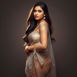 A beautiful woman wearing a sexy transparent saree that elegantly drapes around her body, accentuating her curves
