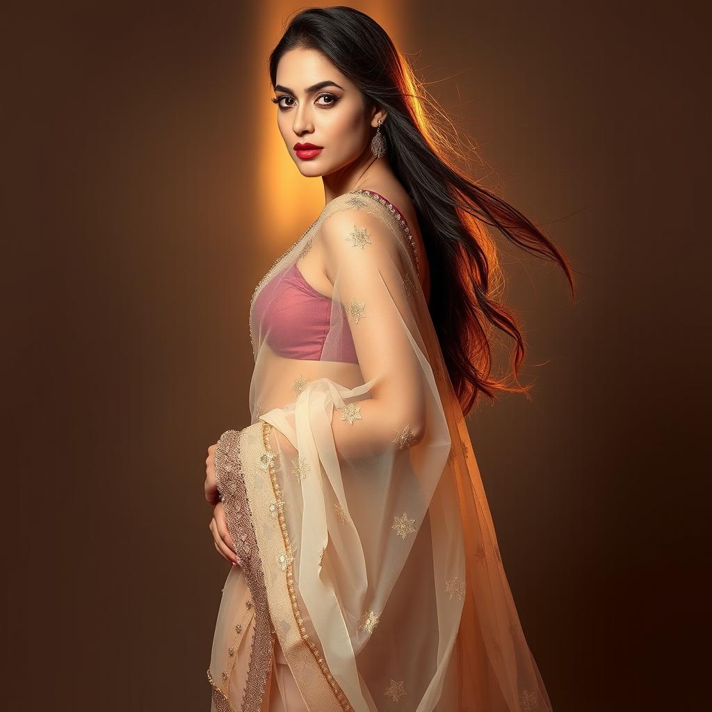 A beautiful woman wearing a sexy transparent saree that elegantly drapes around her body, accentuating her curves