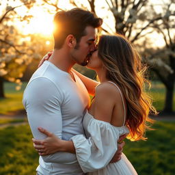 A romantic scene depicting two lovers embracing in a sunlit park