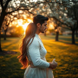 A romantic scene depicting two lovers embracing in a sunlit park