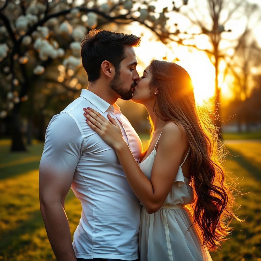 A romantic scene depicting two lovers embracing in a sunlit park