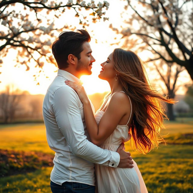 A romantic scene depicting two lovers embracing in a sunlit park