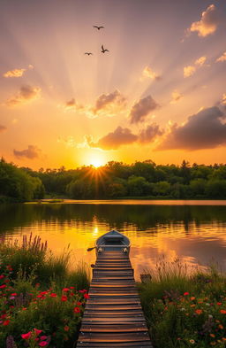 A serene landscape featuring a tranquil lake surrounded by lush green trees and colorful wildflowers