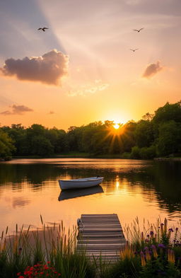 A serene landscape featuring a tranquil lake surrounded by lush green trees and colorful wildflowers