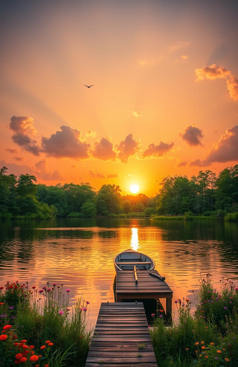 A serene landscape featuring a tranquil lake surrounded by lush green trees and colorful wildflowers