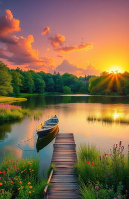 A serene landscape featuring a tranquil lake surrounded by lush green trees and colorful wildflowers