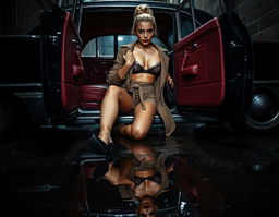 A seductive and suggestive fashion shoot featuring a sexy blonde model with her hair styled in a bun and striking blue eyes