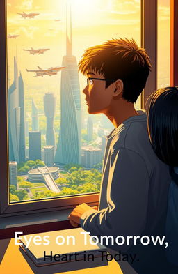 A student gazing out of a large, futuristic window, their expression filled with wonder and contemplation